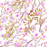 Fototapeta Storczyk - A pattern with pink flowers and golden leaves . Watercolour. The images are hand-drawn and isolated on a white background.