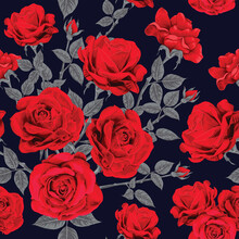 Seamless Pattern Red Rose Flowers Vintage Abstract Dark Blue Background.Vector Illustration Drawing Watercolor Style.For Used Wallpaper Design,textile Fabric Or Wrapping Paper.