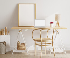Poster - Home office interior. Picture and laptop mock up. 3D render. 3D illustration.