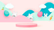 Happy easter. Design Rabbit with eggs. Festive spring 3d composition. Realistic stage, catwalk, festive studio. Minimal background. Modern creative template.Vector i