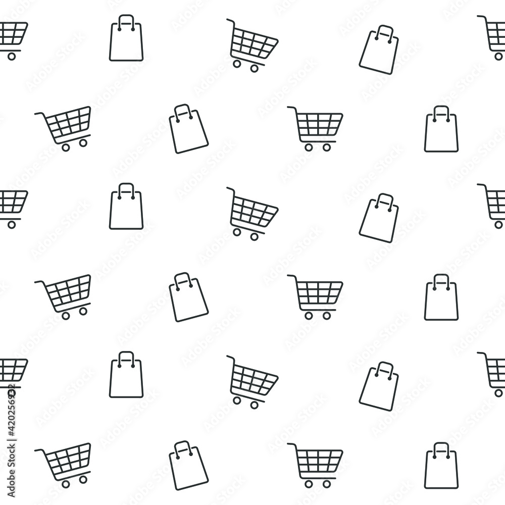 Shopping line seamless pattern. Shopping cart and bag on white ...
