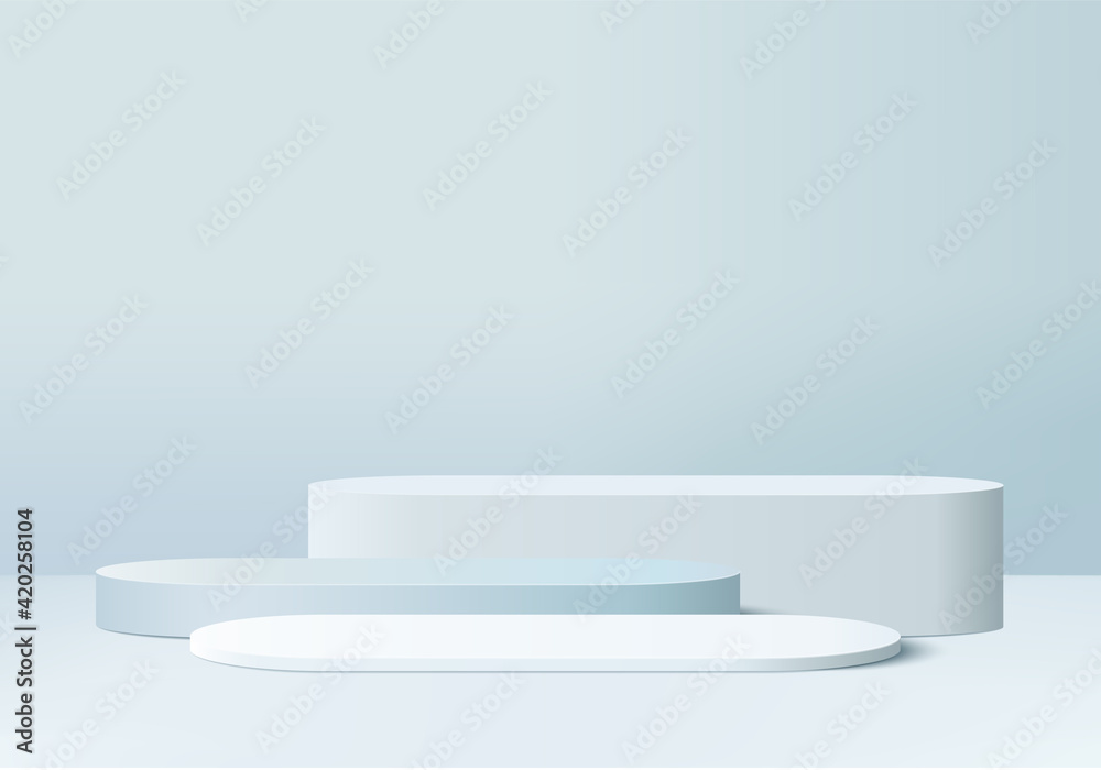 3d display product abstract minimal scene with geometric podium platform. cylinder background vector 3d rendering with podium. stand for cosmetic products. Stage showcase on pedestal 3d blue studio - obrazy, fototapety, plakaty 