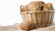 Rye bread. Bakery with crusty loaves and crumbs. Fresh loaf of rustic traditional bread with wheat grain ear or rye spike plant on natural cotton background. Healthy Food concept.
