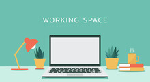 Laptop Computer With White Blank Empty Display Screen For Copy Space On Working Space, Vector Flat Design Illustration