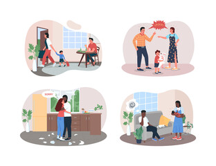 Poster - Family breakup 2D vector web banner, poster set. Sad child, angry parents. Arguing couple flat characters on cartoon background. Family conflict printable patch, colorful web element collection