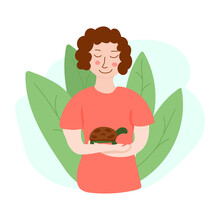 Vector Illustration Of Girl With Tortoise. Design For Web-sites, Flyers, Banners, Posters, Prints