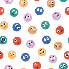 Poster - Colorful emotions seamless pattern. Cute circle smile faces on white background. Geometrical fabric design for kids textile. Funny vector illustration