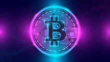 Bitcoin And Neon Background. Bitcoin And Blockchain Banner Illustration. Mining And Trade Bitcoin Concept. Bitcoin Hits New Record.