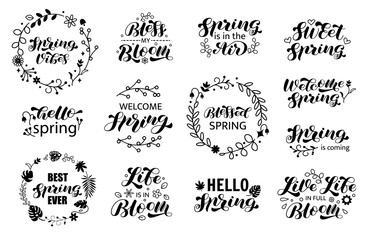 Canvas Print - Hello Spring set brush lettering. Spring Vibes. Life is in Bloom. Happy Spring. Vector stock illustration for poster or banner