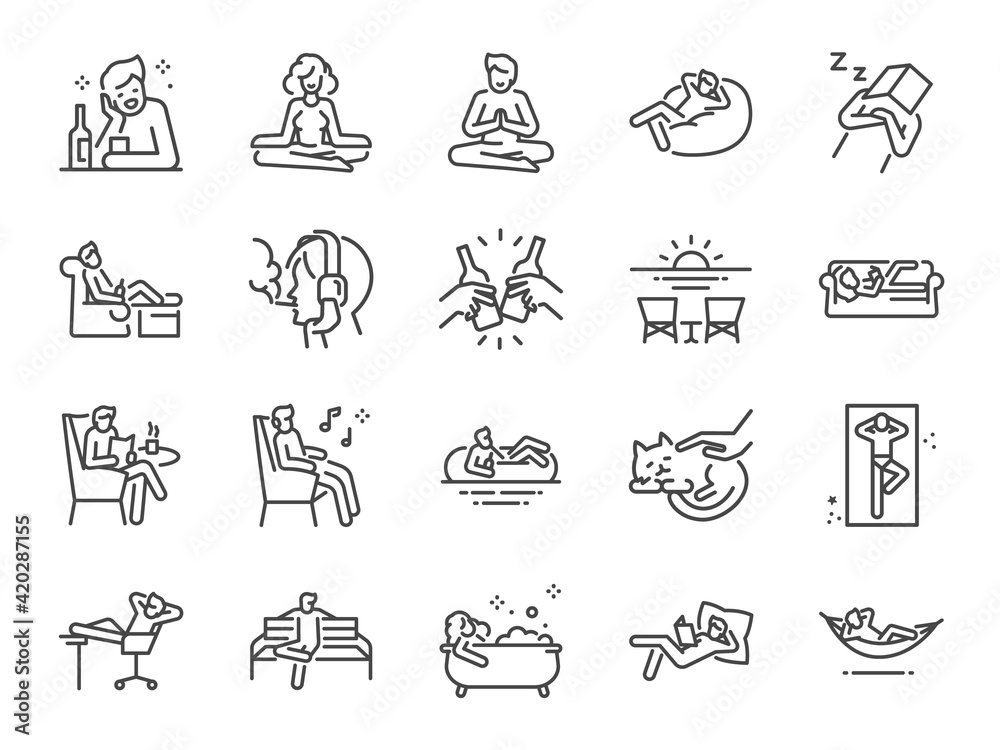 Relax line icon set. Included the icons as chill, take a rest, recreation, relaxation, calm, and more. - obrazy, fototapety, plakaty 