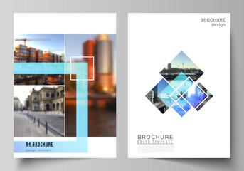 Poster - The vector layout of A4 format modern cover mockups design templates for brochure, magazine, flyer, booklet, annual report. Creative trendy style mockups, blue color trendy design backgrounds.