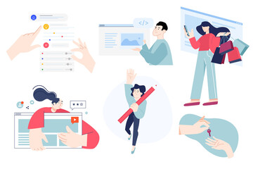 Set of flat design people concepts of web development, e-commerce, shopping, star rating, task management, app setting, copywriting, content management, design, key to success.
