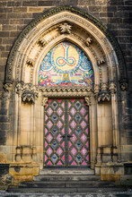 Prague, Czech Republic - February 24, 2021. Detail Of Another Entrance Of Basilica Minor In Vysehrad Fortress Area With Different Decoration Above Door