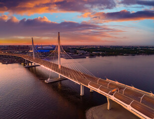 Wall Mural - Bridge in Saint Petersburg. Roads of Russia. Aerial view of cable-stayed bridge. Bridge to Krestovsky Island. Road architecture of Petersburg. Road through Petrovsky fairway. Road architecture Russia