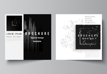 Vector layout of two square covers design templates for brochure, flyer, magazine, cover design, book design.Black color technology background. Digital visualization of science, medicine, tech concept