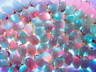 Poster - Abstract background. Ovoid capsule or top view vitamins. Many translucent ellipses. Light pattern with neon tint. Background on pharmacological themes. Photo-wallpaper from volumetric ellipses