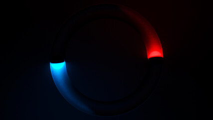 Poster - Glowing balls rolling in circular gutter. Minimal background with illuminated red and blue sphere. Conceptual 3d render illustration backdrop