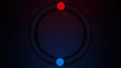 Poster - Glowing balls rolling in circular gutter. Minimal background with illuminated red and blue sphere. Conceptual 3d render illustration backdrop