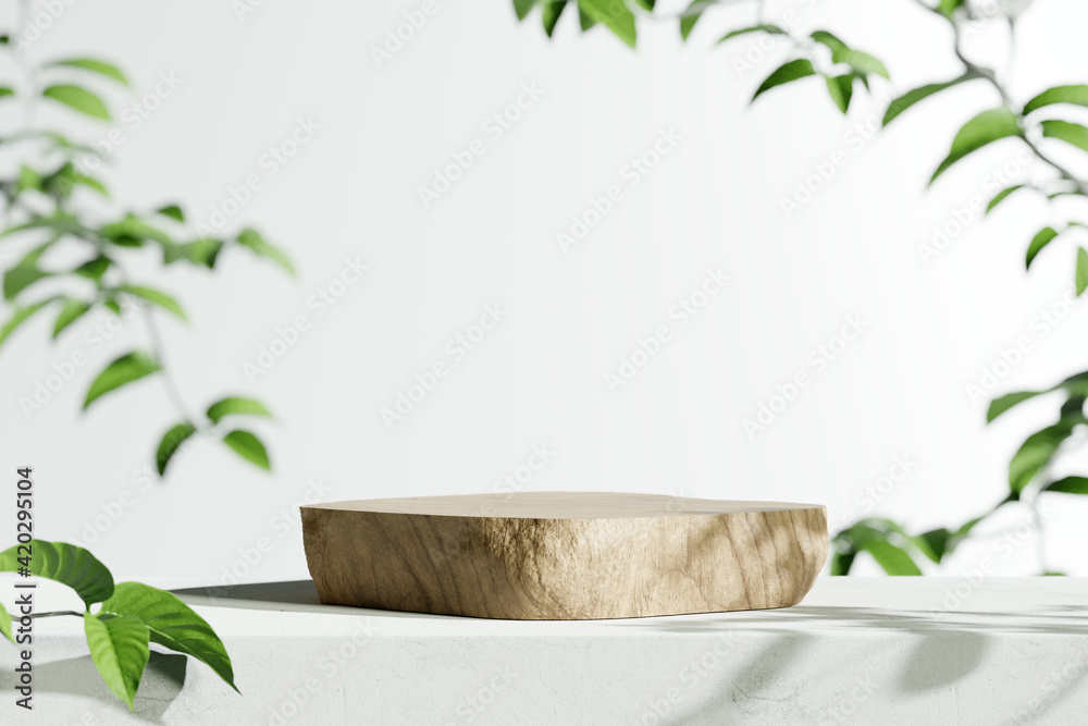 Wooden product display podium with blurred nature leaves background. 3D rendering - obrazy, fototapety, plakaty 