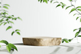 Wooden product display podium with blurred nature leaves background. 3D rendering