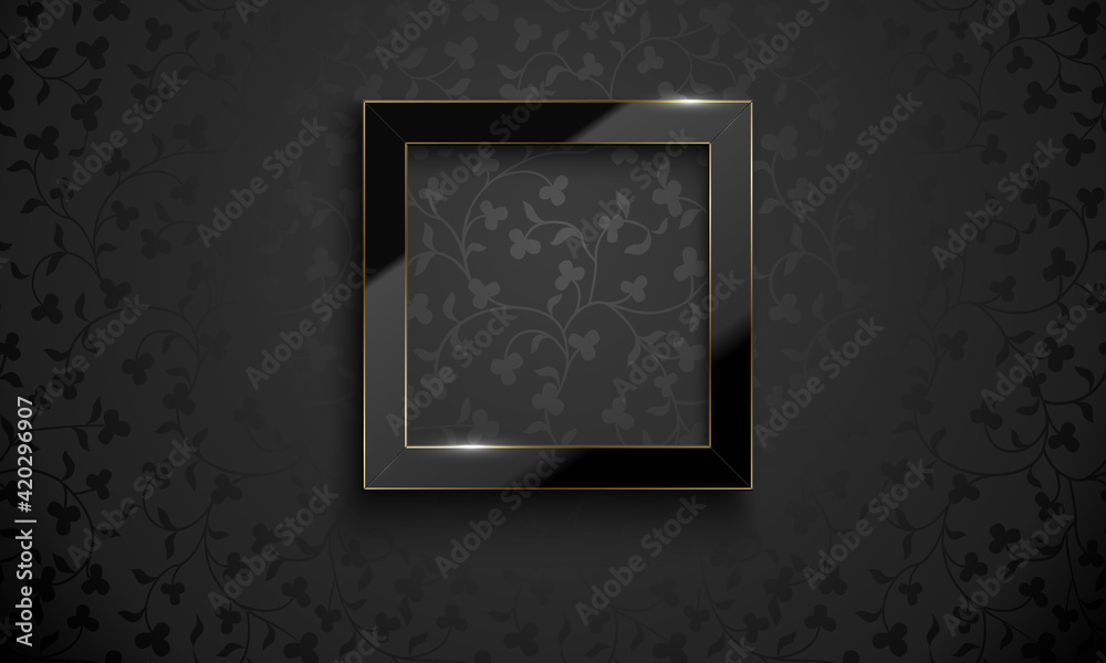 Vector square glossy luxury black and golden line frame on dark floral ...