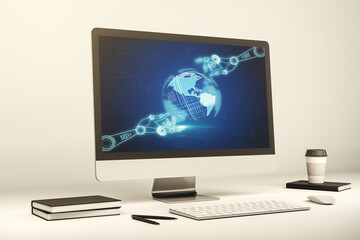 Poster - Modern computer monitor with robotics technology with world map hologram. Research and development software concept. 3D Rendering