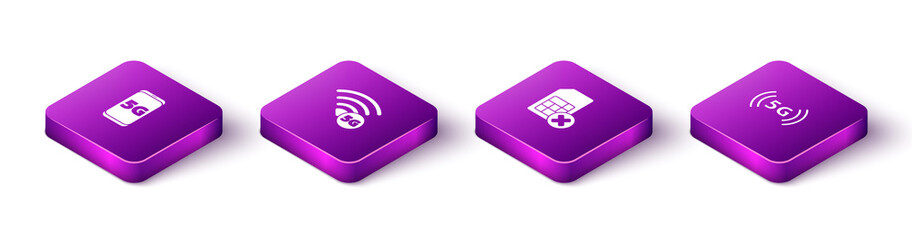 Sticker - Set Isometric Mobile with 5G network, , Sim card rejected and icon. Vector