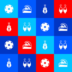 Poster - Set Football ball, Concert hall de Tenerife, Spanish guitar and Earrings icon. Vector