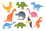 Fototapeta Dinusie - Dinosaurs vector illustration set. Cartoon cute colorful prehistoric animal monsters, baby dino paleontology collection with tyrannosaurus brontosaurus plesiosaurus pterodactylus isolated on white