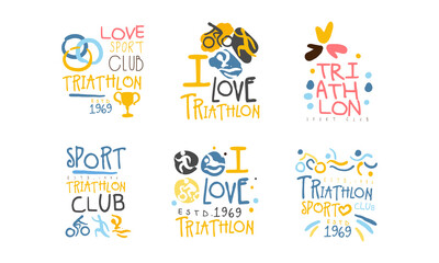 Wall Mural - Triathlon Club Logo Design Set, Marathon, Sports Club, Competition Emblems Cartoon Hand Drawn Vector Illustration