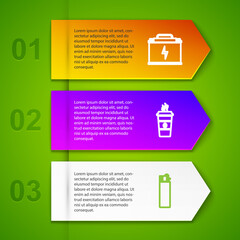 Wall Mural - Set line Car battery, Coffee cup, Lighter and Industrial hook. Business infographic template. Vector