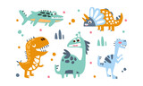 Fototapeta Dinusie - Cute Baby Dinosaurs Set, Adorable Prehistoric Animals Characters Cartoon Vector Illustration