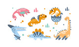 Fototapeta Dinusie - Cute Funny Baby Dinosaurs Set, Adorable Prehistoric Animals Cartoon Vector Illustration