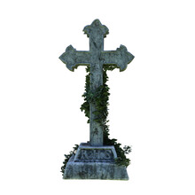 3D Illustration Of An Old Grey Gravestone Cross With Ivy.