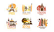 Touristic Logo Templates Design, Travel over the World, Paris, Dubai, London, Berlin, Seoul, New Yyork Emblems Hand Drawn Vector Illustration