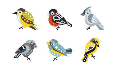 Wall Mural - collection of colorful birds, bullfinch, sparrow, wren cartoon vector illustration