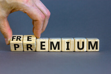 Premium or freemium symbol. Businessman turns wooden cubes and changes the word 'premium' to 'freemium'. Beautiful grey background. Business, premium or freemium concept. Copy space.