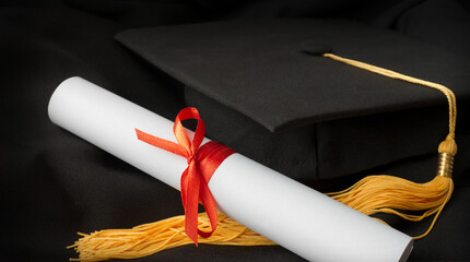 Wall Mural - graduation cap and diploma close up on black