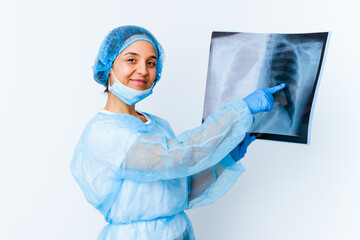 Young mixed race doctor woman holding a bone scan isolated