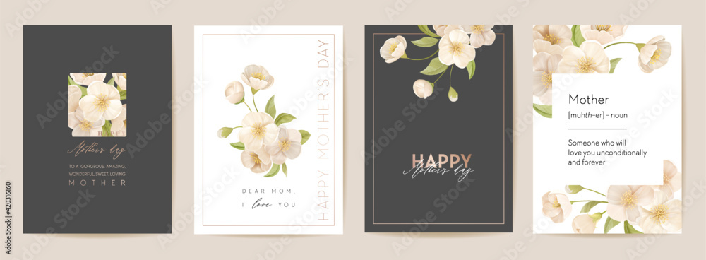 Mother day floral spring postcard. Greeting realistic sakura cherry flowers template, modern bouquet flower - obrazy, fototapety, plakaty 