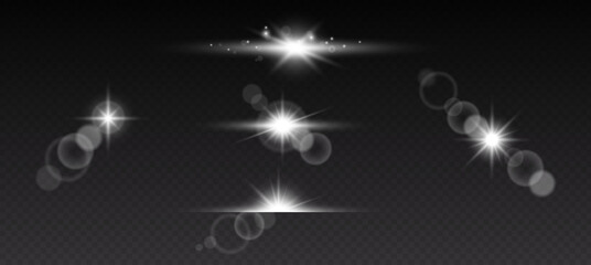 Wall Mural - set of glowing light effects with transparency on black background. lens flares, rays, stars