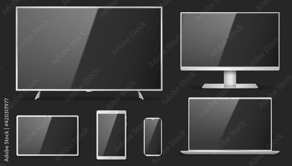 Set of realistic TV, lcd, led, computer monitor, laptop, tablet and ...