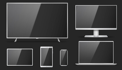 Set of realistic TV, lcd, led, computer monitor, laptop, tablet and mobile phone with empty screen