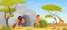Primitive Couple People Get Food Vector Illustration. Cartoon Primeval Hunter Caveman Character Holding Club For Hunting Prehistoric Wild Animal, Neanderthal Woman Picking Berries Near Cave Background