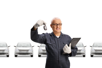 Poster - Auto mechanic worker holding a car key in a showroom