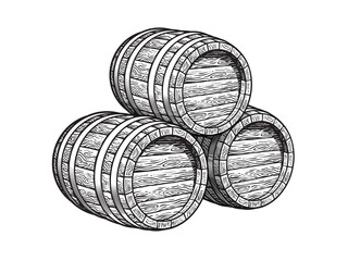 Wall Mural - three stacked wooden barrels for beer, wine, whisky, rum and other alcohol. hand drawn engraving sty
