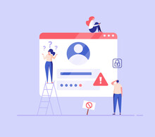 People Forgot The Password. Concept Of Forgotten Password, Key, Account Access, Blocked Access, Protection, Account Security. Vector Illustration In Flat Design For Web Page, Landing, Web Banner