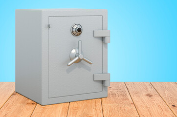 Poster - Combination Safe Box on the wooden planks, 3D rendering