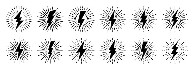 set of vintage lightning bolts and sun rays isolated on white background. lightnings with sunburst e