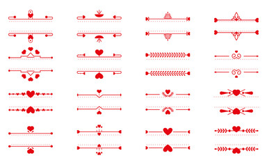 Set of red text frames thin line and heart element. Romantic elegant ornamental decor text frame contour great for design for book page text, card, menu on Valentines Day Isolated vector illustration